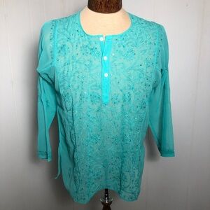 - Womens Aqua Blue & Sequins Sheer Top. Small